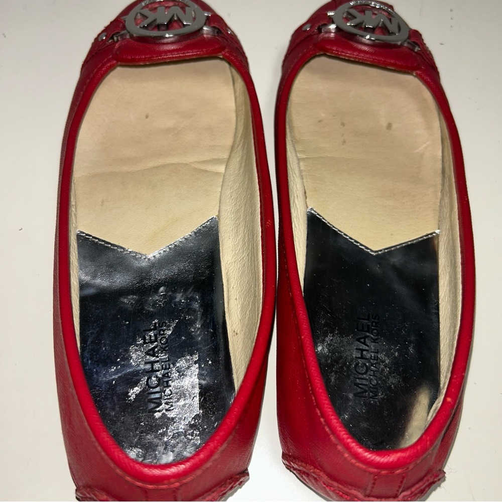 Michael Kors Fulton MK Gold Logo Red Saffiano Leather Slip On Ballet Flat - Picture 9 of 13